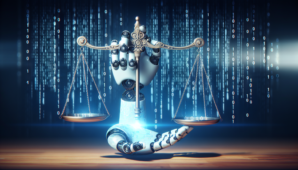 A robotic hand holding scales of justice, symbolizing Compliance and Legal AI in a digital context with binary code in the background