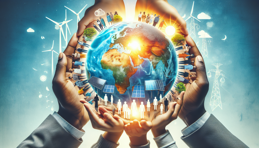 Hands holding the Earth surrounded by people, solar panels, and wind turbines, illustrating global adoption trends in renewable energy.
