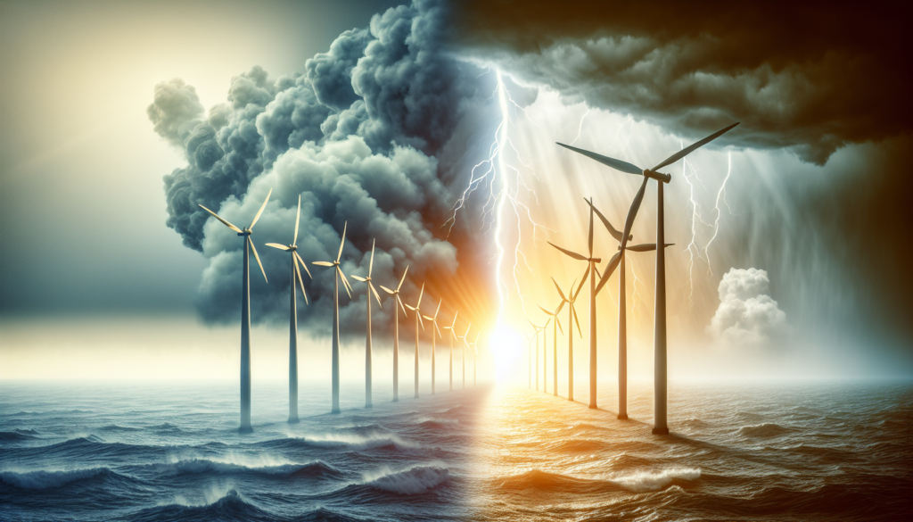 Wind turbines facing stormy and sunny conditions, illustrating the challenges in renewable energy risk management