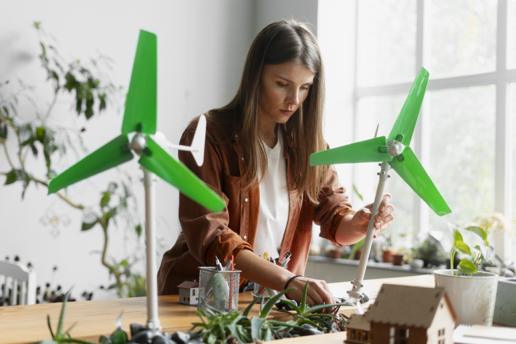 Woman working with miniature wind turbines and plants on a desk, focusing on increasing renewable energy asset performance.